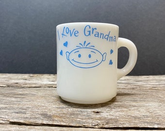 I Love Grandma Mug made by Hazel Atlas Vintage White Milk Glass Mug