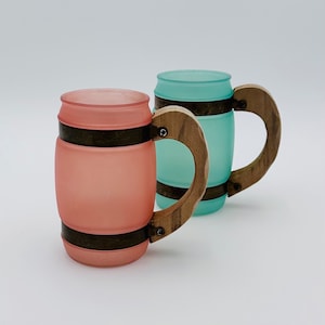 Vintage Siesta Ware pastelkleurige glazen mokken – set van 2 matroze en aqua met houten handvatten, bargerei uit de jaren 60