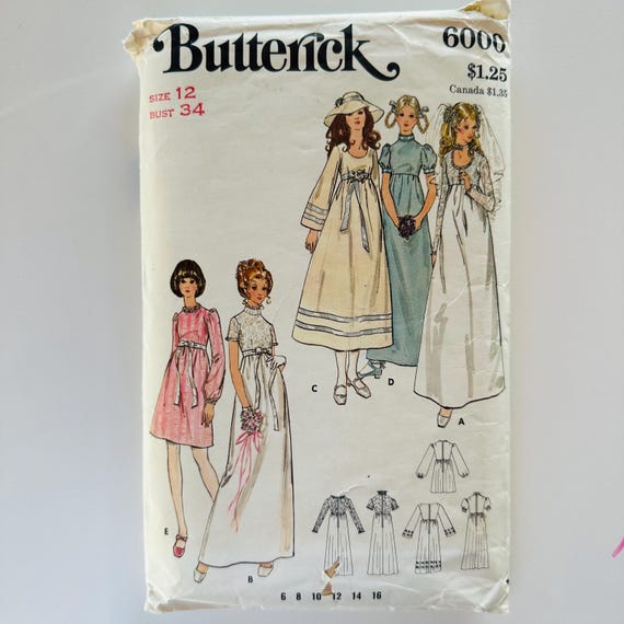 butterick bridesmaid dress patterns 1970s Wedding & Bridesmaid Dress Butterick 6000 Pattern Size 12 Bust 34  Empire Waist