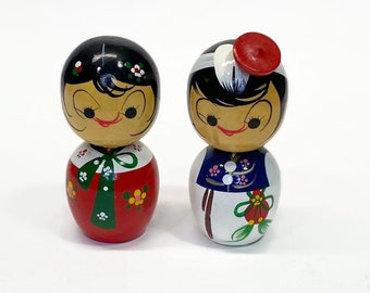 Set of 2 Japanese Kokeshi Wood Dolls Vintage Hand Painted Figurines