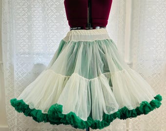 Vintage 80s Emerald Green Ruffled Petticoat: Square Dance Honky Tonk Skirt
