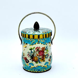 Vintage Murray Allen Candy Tin with Handle – Mid Century Floral Metal Tin – Blue & Gold Design – Collectible Confectionery Box