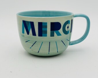 Anthropologie "Merci" Mug – French Language Thank You Mug – Blue Ceramic Coffee Cup