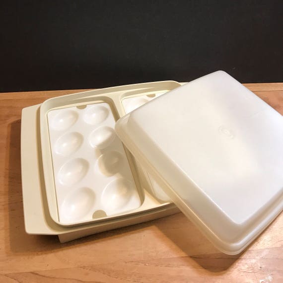Tupperware Deviled Egg Containers Holders Carrier Tray vtg ALmond 