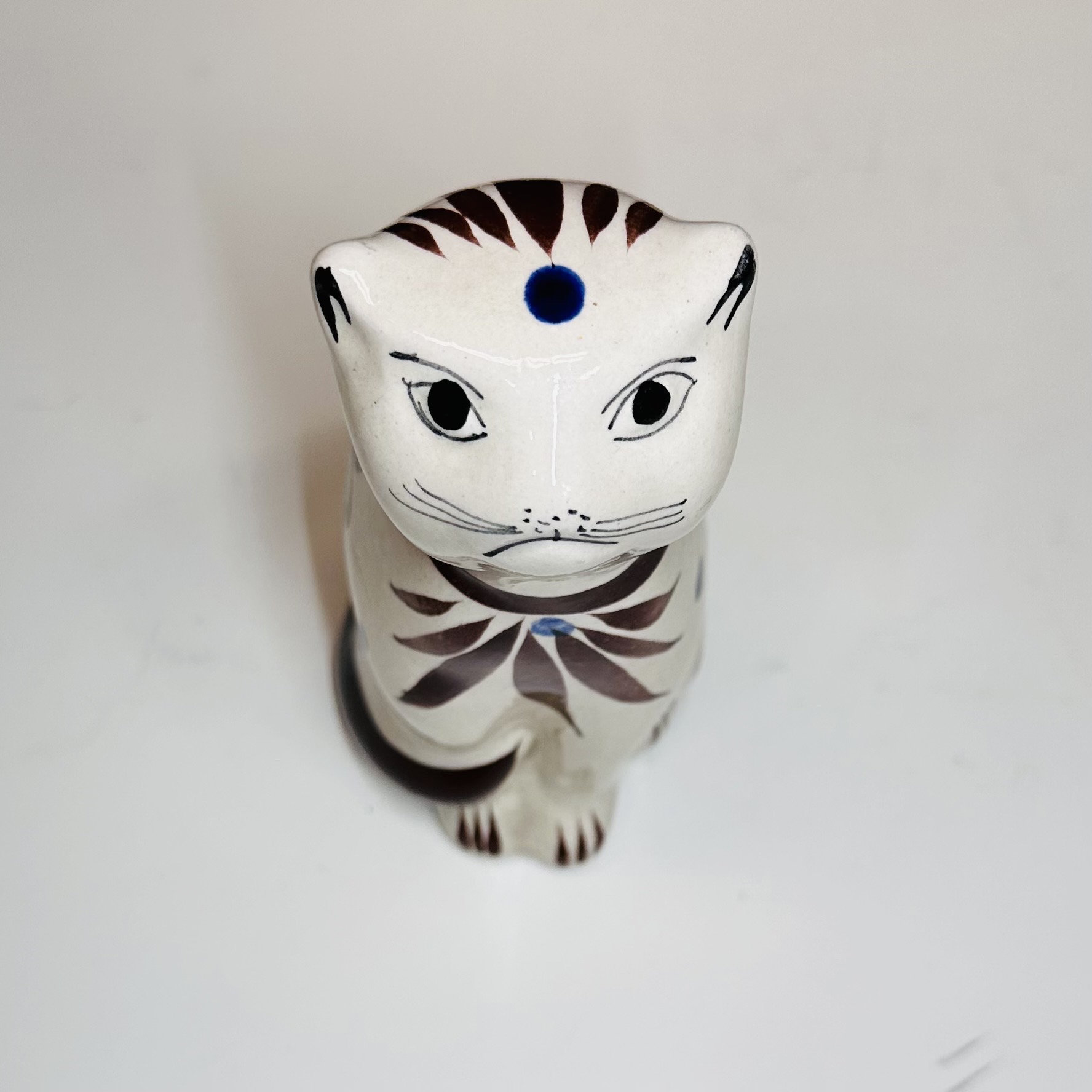 ヴィンテージ メキシコ トナラ陶器 猫の置物 – 手描きの花柄フォーク 