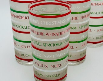 Vintage Weihnachtsbecher: 7er Set Gefrostete Gläser mit internationalen Feiertagsgrüßen