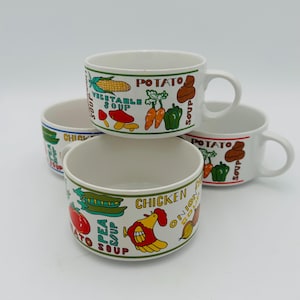 Set of 4 Vintage Soup Mugs – Colorful Vegetable Design – Retro Ceramic Soup Bowls with Handles