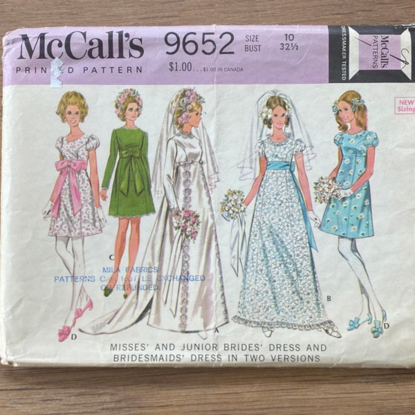 McCall's 9652 Mod Wedding Dress, 1960s Empire Waist Princess Seam Wedding Gown with Train Bridesmaid Dress Size 10, Bust 32 1/2"