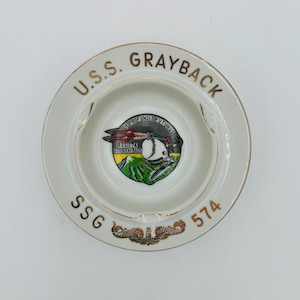 Vintage USS Greyback SSG-574 Ashtray – Porcelain Navy Submarine Commemorative, Yokohama Japan, Cold War Era