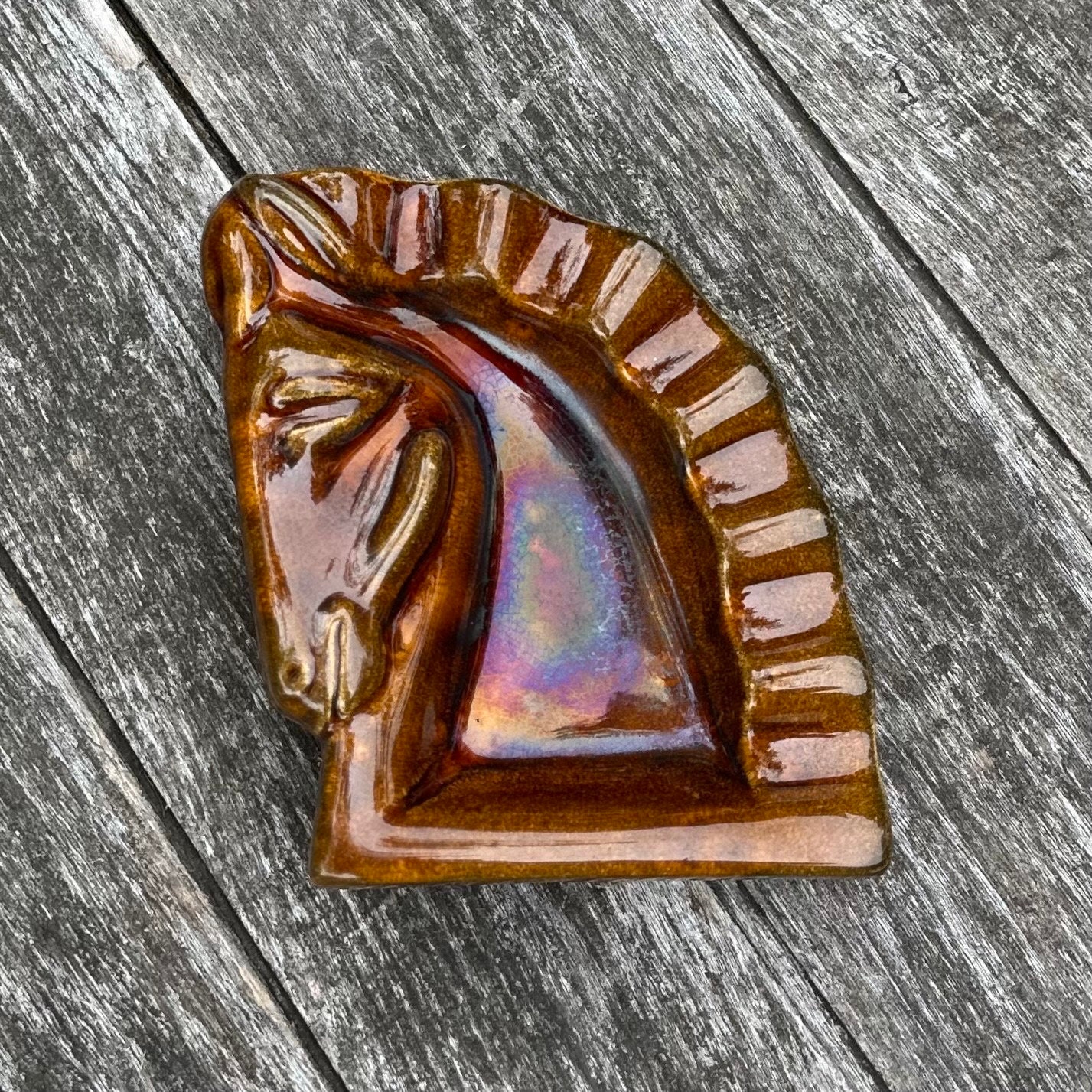 ミッドセンチュリーの馬頭灰皿 - ブラウンセラミックのトロイの木馬