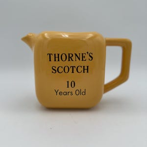 Vintage Thorne’s Scotch Whisky Pub Pitcher – Yellow Ceramic Bar Jug – 1960s-70s Barware Decor – 10 Years Old Whiskey Advertising