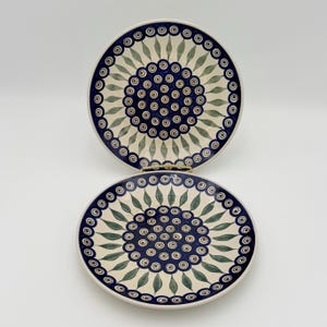 Vintage Polish Pottery Peacock Dinner Plates Set of 2, Bolesławiec Poland, Hand Painted Stoneware