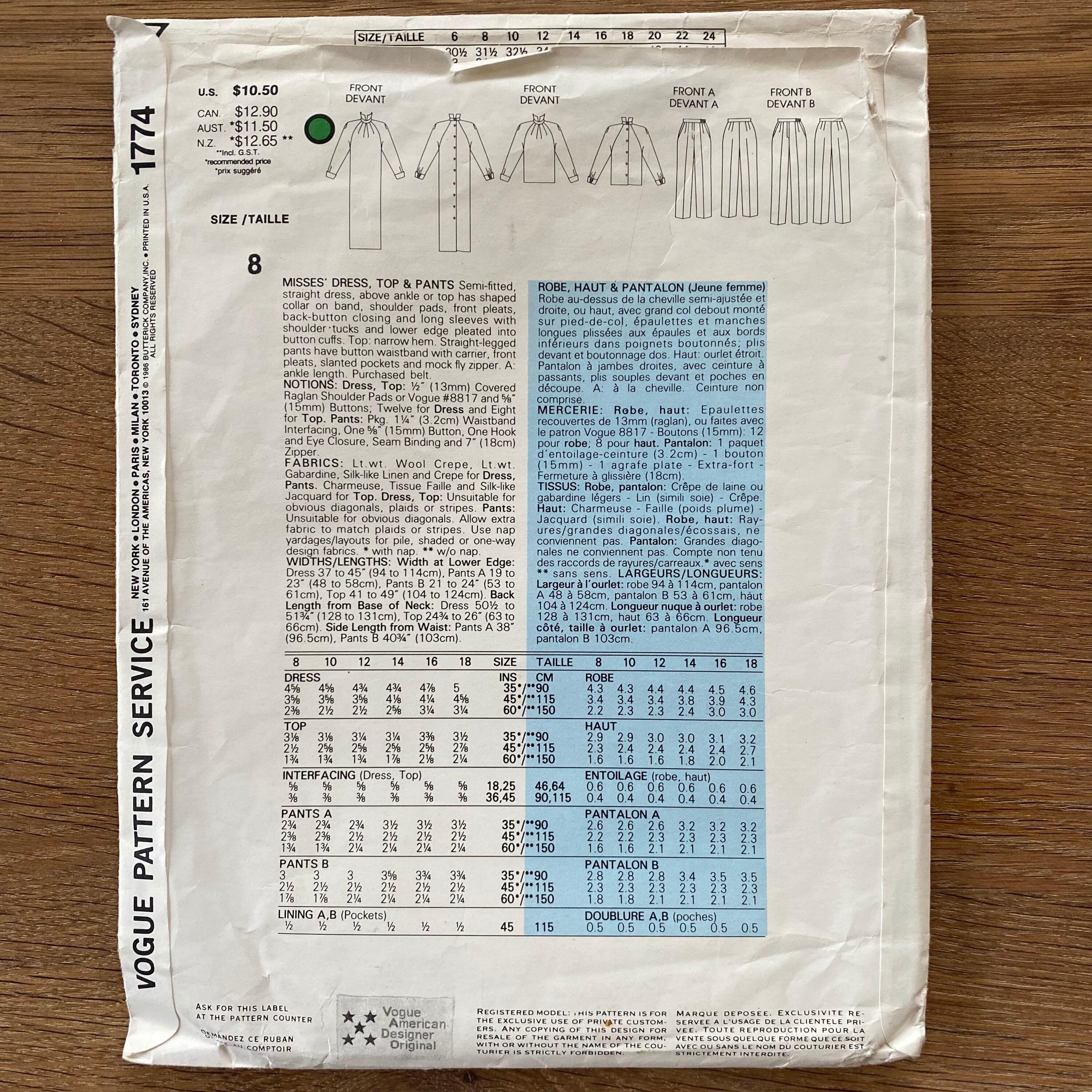 Vogue 1774 Perry Ellis Sewing Pattern: 1980s Dress, Top & Pants - Size ...