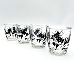 Vintage Hazel Atlas Sauerrahmgläser 4er Set - 1/2 Pint Klarglas mit schwarzem Weizen Design - 1940er Jahre Mid-Century Bauernhausküche