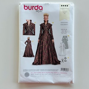 May include: A Burda Style sewing pattern, number 6398, featuring a Renaissance-style gown. The pattern includes multiple views of the dress, with sizes ranging from US 8-18. The cover displays a woman in a burgundy and gold patterned gown.