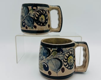 Juego de 2 tazas vintage Tonalá – Tazas rústicas de gres pintadas a mano con arte popular mexicano