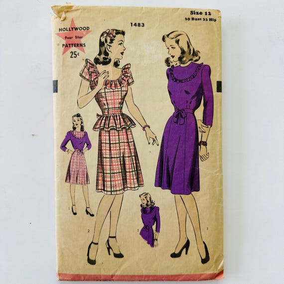 1940s Hollywood Sewing Pattern: Retro Dress With Peplum, Size 12 (bust 30" Hip 33") - Etsy Israel 1940s Hollywood Sewing Pattern: Retro Dress With Peplum, Size 12 (bust 30" Hip 33") - Etsy Israel