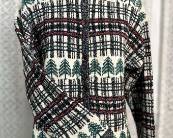 Vintage 80s 90s Cardigan Sweater – Philip & Jane Gordon – White w/ Green Trees, Plaid Trim