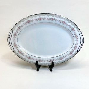 Noritake Glenwood 12&quot; Oval Serving Platter with Handles Porcelain Ivory with Pink Roses and Platinum Trim