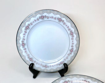 Noritake Glenwood Bread & Butter Plates Set of 6  Porcelain Plates 6 1/4&quot; Ivory with Pink Roses and Platinum Trim