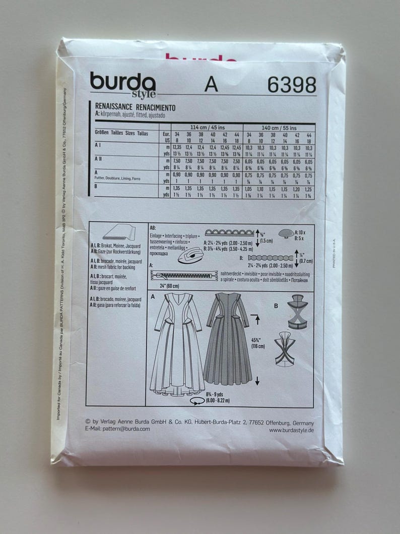 Burda Sewing Pattern 6398 Renaissance Costume Dress, Sizes 8–18, Uncut ...