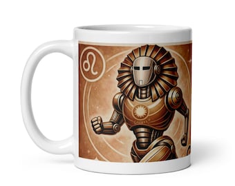 Leo Zodiac Mug – Leo Coffee Mug – Retro Futurist Robot Horoscope Astrology Mug – Leo Birthday Gift – Zodiac Personality Code