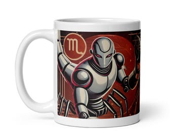 Scorpio Zodiac Mug – Scorpio Coffee Mug – Retro Futurist Robot Horoscope Astrology Mug – Scorpio Birthday Gift – Zodiac Personality Code