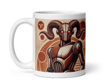 Aries Zodiac Mug – Aries Coffee Mug – Retro Futurist Robot Horoscope Astrology Mug – Aries Birthday Gift – Zodiac Personality Code