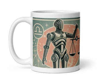 Libra Zodiac Mug – Libra Coffee Mug – Retro Futurist Robot Horoscope Astrology Mug – Libra Birthday Gift – Zodiac Personality Code