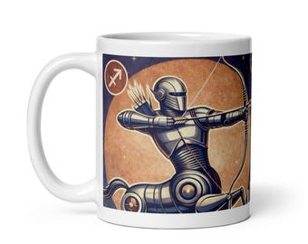 Sagittarius Zodiac Mug – Retro Futurist Robot Astrology Mug – Sagittarius Coffee Cup – Sagittarius Birthday Gift – Zodiac Personality Code