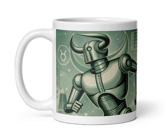 Taurus Zodiac Mug – Taurus Coffee Mug – Retro Futurist Robot Horoscope Astrology Mug – Taurus Birthday Gift – Zodiac Personality Code