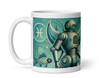 Pisces Zodiac Mug – Pisces Coffee Mug – Retro Futurist Robot Horoscope Astrology Mug – Pisces Birthday Gift – Zodiac Personality Code