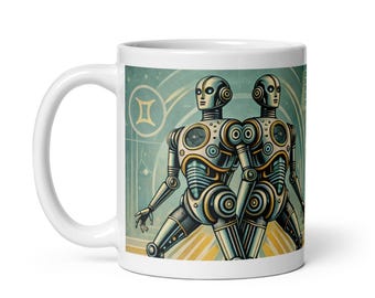 Gemini Zodiac Mug – Gemini Coffee Mug – Retro Futurist Robot Horoscope Astrology Mug – Gemini Birthday Gift – Zodiac Personality Code