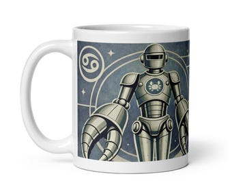 Cancer Zodiac Mug – Cancer Coffee Mug – Retro Futurist Robot Horoscope Astrology Mug – Cancer Birthday Gift – Zodiac Personality Code