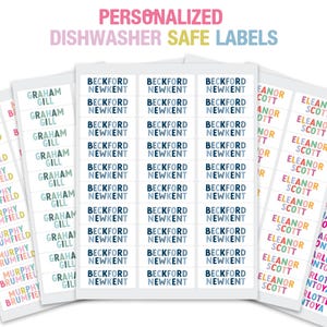 May include: Sheets of personalized dishwasher-safe labels. The labels are white with text in various colors, including blue, pink, and green. The labels feature names like "Beckford Newkent," "Graham Gill," and "Eleanor Scott." The text "Personalized Dishwasher Safe Labels" is at the top.