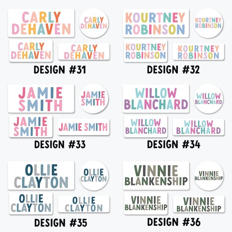 a collection of colorful name stickers with various names such as "Carly DeHaven", "Jenny Smith", "Willow Blanchard", "Vinnie Blanchard", "Ollie Clayton", and "Vinnie Blanchard". The stickers are arranged in rows and columns, with each row containing three stickers and each column containing four stickers. The names are written in different colors and styles, creating a visually appealing and diverse collection of name stickers.