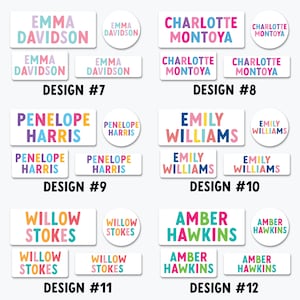 a collection of colorful name tags with the names of various individuals, such as "Emma Davidson", "Charlotte Montoya", "Penelope Harris", "Emilly Williams", "Willow Stokes", "Amber Hawkins", and "Emilly Williams". The name tags are arranged in a grid format, with each row containing three name tags. The names of the individuals are written in different colors, creating a vibrant and visually appealing display.
