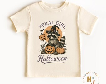 T-shirt d'Halloween Feral Girl : T-shirt d'automne enfant sorcière raton laveur