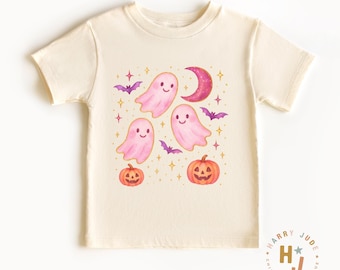 Camiseta infantil de Halloween para meninas - Camiseta infantil fofa de fantasma de abóbora - Camiseta infantil retrô de Halloween - Camiseta natural fofa de fantasma - Fantasmas rosa