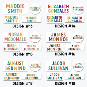 a collection of colorful name tags with the names of various individuals, including Maddie Smith, Elizabeth Gonzales, and Jacob Sullivan.