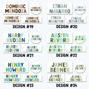 a collection of name tags or labels with various names on them, including Dominic Mendoza, Ethan Navarro, and Henry Howard. The labels are arranged in a grid format, with each row containing three labels. The names are written in different colors and styles, creating a visually appealing and organized display.