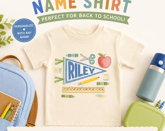 Personalisiertes Schulanfangs-Shirt, Kita-Shirt, Aquarell-Wimpel, personalisiertes Namens-T-Shirt für Kleinkinder, Shirt für den ersten Schultag, Schul-T-Shirt für Jungen
