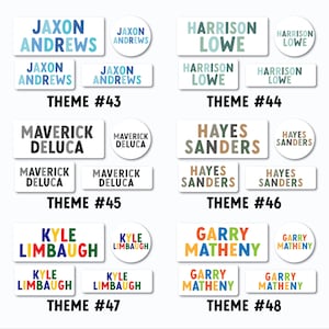 May include: A collection of personalized name labels in various shapes and sizes. The labels feature names like Jaxon Andrews, Harrison Lowe, Maverick Deluca, Hayes Sanders, Kyle Limbaugh, and Garry Matheny, with different color schemes and fonts. Theme numbers are also included.