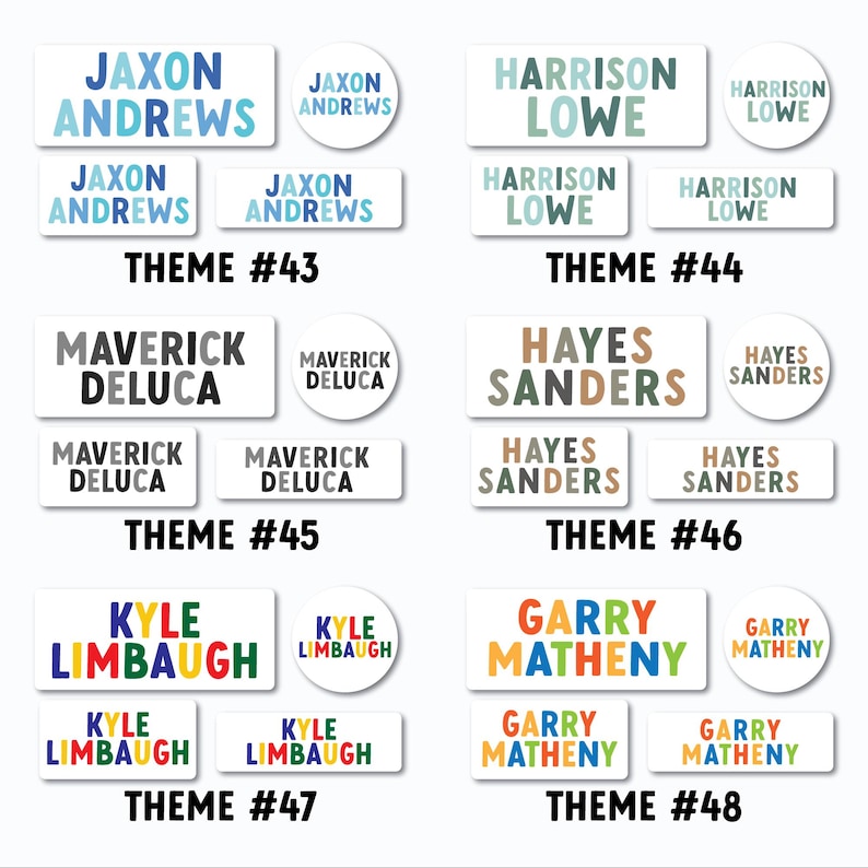May include: A collection of personalized name labels in various shapes and sizes. The labels feature names like Jaxon Andrews, Harrison Lowe, Maverick Deluca, Hayes Sanders, Kyle Limbaugh, and Garry Matheny, with different color schemes and fonts. Theme numbers are also included.