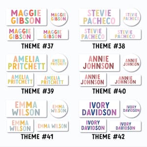May include: A collection of personalized name labels in various shapes, featuring names like Maggie Gibson, Stevie Pacheco, Amelia Pritchett, Annie Johnson, Emma Wilson, and Ivory Davidson. Each label has a unique color scheme and the theme number is displayed.