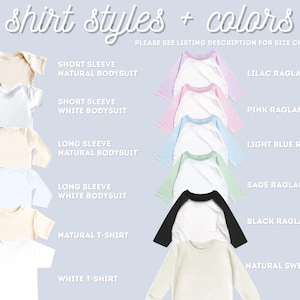 a variety of shirt styles and colors, including short sleeve, long sleeve, natural bodysuit, pink raglan, light blue raglan, long sleeve white bodysuit, black raglan, and natural t-shirt, as well as natural sweatshirt.