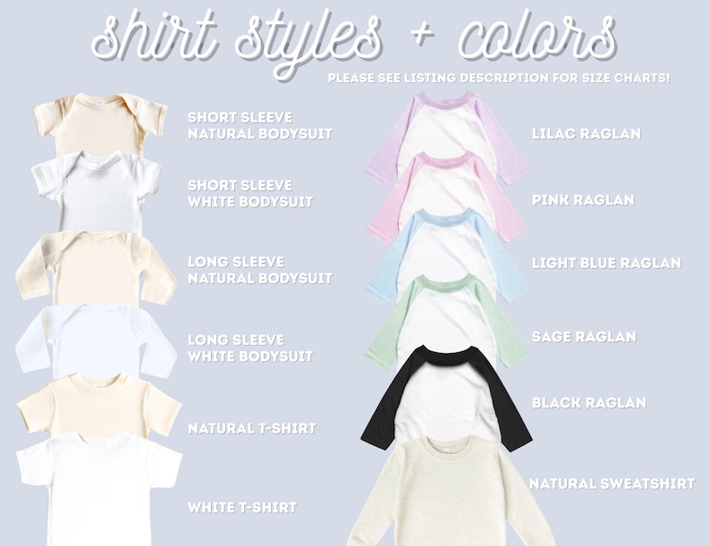 a variety of shirt styles and colors, including short sleeve, long sleeve, natural bodysuit, pink raglan, light blue raglan, long sleeve white bodysuit, black raglan, and natural t-shirt, as well as natural sweatshirt.