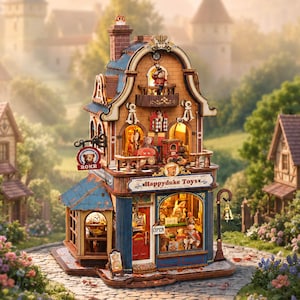 May include: A multi-story wooden toy shop model featuring a blue roof, a red front door, and illuminated interior rooms. The sign above the entrance reads "Happyduke Toys" and a hanging sign on the side displays "ROKR" with a bear illustration.