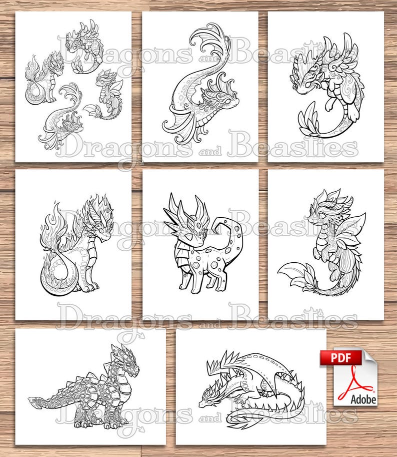 Color Pack Elemental Dragons Kids / Adult Coloring Pages | Etsy