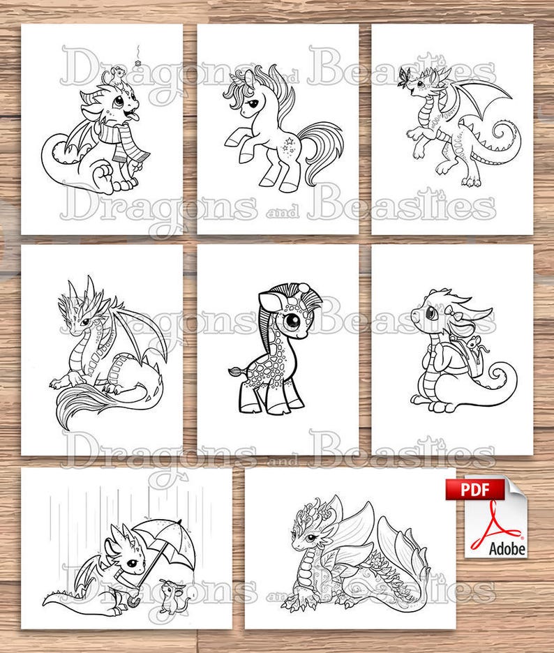 Color Dragons and Beasties Kids / Adult Coloring Pages | Etsy